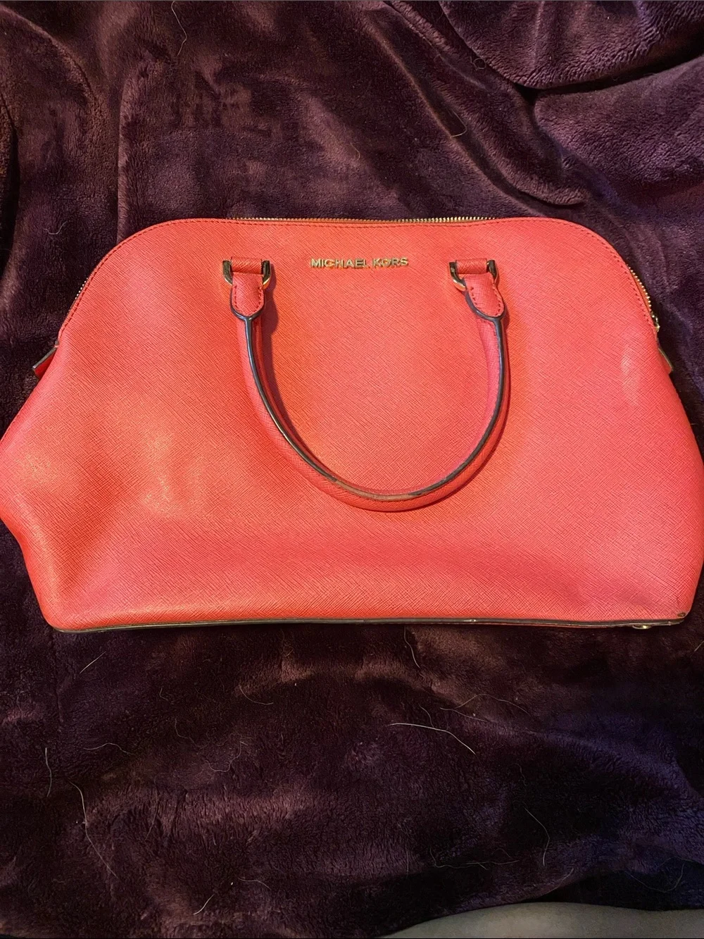Michael Kors Coral-Red Saffiano Dome Satchel with Gold Logo